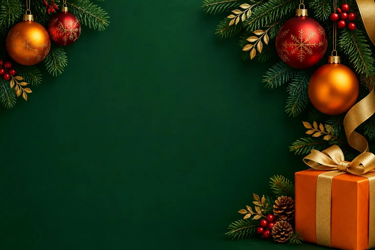Orange and red Christmas ornaments, evergreen branches and a gold-ribbon gift